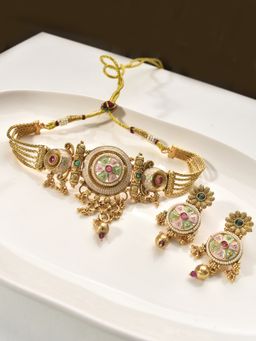 Peach Tassels - Multi-Color Mixed Metal Women Coloured Stone Necklace with Earrings