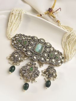 Peach Tassels - Green Mixed Metal Women Coloured Stone Necklace with Earrings