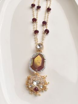 Peach Tassels - Red Mixed Metal Women Coloured Stone Necklace with Earrings