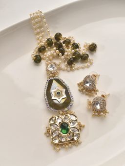 Peach Tassels - Green Mixed Metal Women Coloured Stone Necklace with Earrings