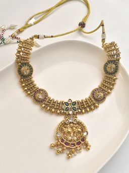 Peach Tassels - Multi-Color Mixed Metal Women Temple Necklace with Earrings