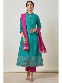 Soch - Womens Teal Floral Embroidered Kurta with Pant and Dupatta (Set of 3)