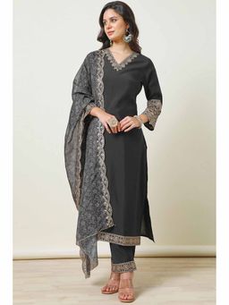 Soch - Womens Black Solid Embroidered Kurta with Pant and Dupatta (Set of 3)