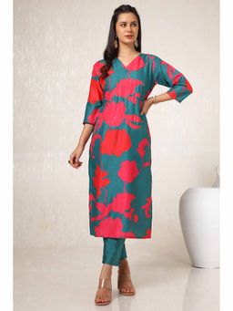 Soch - Womens Teal Muslin Floral Print Kurta with Pant (Set of 2)