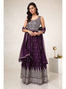 Soch - Womens Wine Embroidered Anarkali Kurta with Churidar and Dupatta (Set of 3)