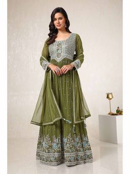 Soch - Olive Floral Embroidered Anarkali Kurta with Churidar and Dupatta (Set of 3)