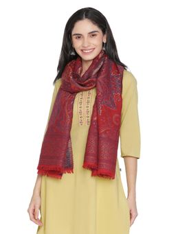 Shingora - Maroon Wool Blend Kani Abstract Fringed Stole for Women