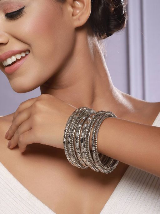 Aatmana Silver-Plated Oxidised Textured Bangles (Set of 18)