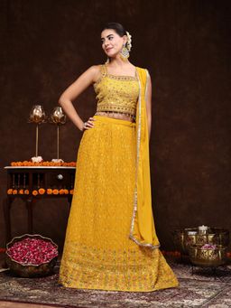 Stylum - Mustard Embroidered Georgette Lehenga and Blouse with Dupatta (Set of 3)