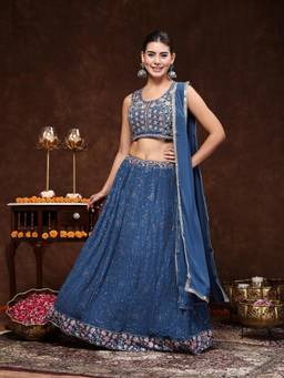 Stylum - Royal Blue Embroidered Georgette Lehenga and Blouse with Dupatta (Set of 3)