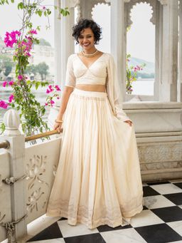 Suta - Off White Pure Cotton Semi-Stitched Lehenga and Unstitched Blouse with Dupatta (Set of 3)