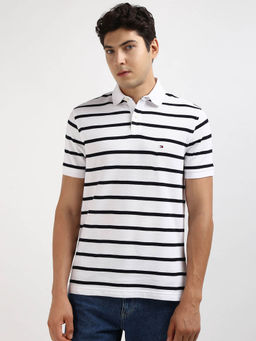 Tommy Hilfiger - White Collar Neck Stripes Polo T-Shirt