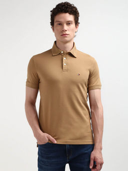 Tommy Hilfiger - Beige Collar Neck Solid Polo T-Shirt