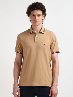 Tommy Hilfiger - Beige Collar Neck Solid Polo T-Shirt