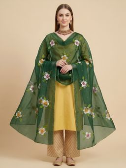 MUFFLY - Green Handbrush Floral Painted with Golden Beads Embellished Border Dupatta