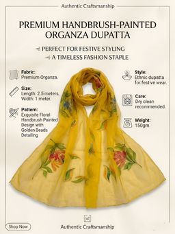 MUFFLY - Yellow Handbrush Floral Painted with Golden Beads Embellished Border Dupatta