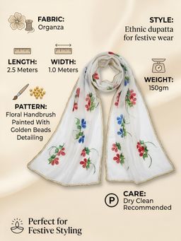 MUFFLY - White Handbrush Floral Painted with Golden Beads Embellished Border Dupatta
