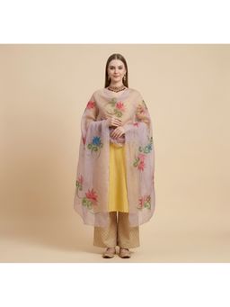 MUFFLY - Pink Handbrush Floral Painted with Golden Beads Embellished Border Dupatta