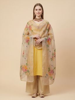 MUFFLY - Beige Handbrush Floral Painted with Golden Beads Embellished Border Dupatta