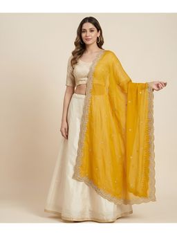 MUFFLY - Yellow with Two-Sided Scalloped Floral Border, Mirror Embellishment Dupatta