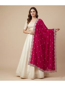 MUFFLY - Pink with Two-Sided Scalloped Floral Border, Mirror Embellishment Dupatta