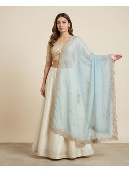 MUFFLY - Blue with Two-Sided Scalloped Floral Border, Mirror Embellishment Dupatta