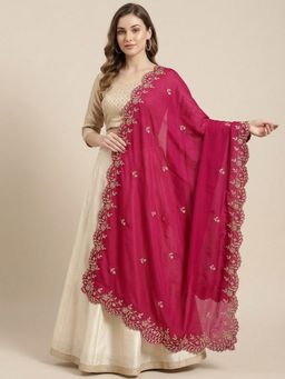 MUFFLY - Magenta with Four Sided Scalloped Floral Border and Elegant Buti Embellished Dupatta