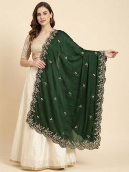 MUFFLY - Green with Four Sided Scalloped Floral Border and Elegant Buti Embellished Dupatta