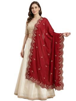 MUFFLY - Red with Four Sided Scalloped Floral Border and Elegant Buti Embellished Dupatta