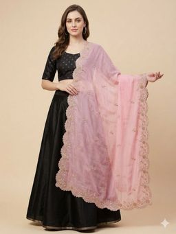 MUFFLY - Pink with Four Sided Scalloped Floral Border and Elegant Buti Embellished Dupatta