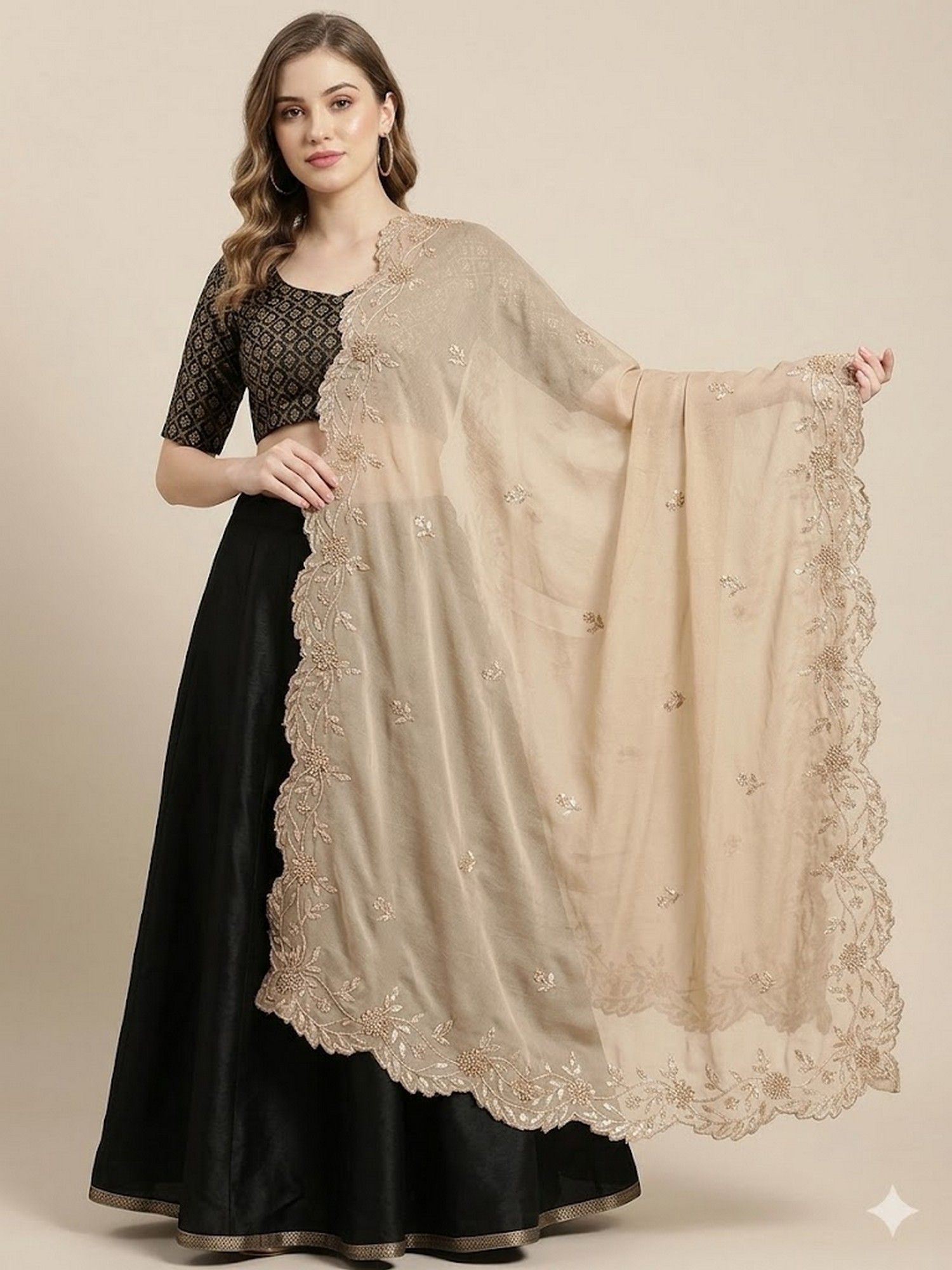 muffly Beige with Four Sided Scalloped Floral Border and Elegant Buti Embellished Dupatta-picture-23