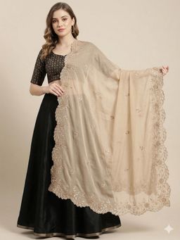 MUFFLY - Beige with Four Sided Scalloped Floral Border and Elegant Buti Embellished Dupatta