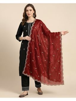 MUFFLY - Maroon Twill Net Border and Delicate Buti Embroidery Dupatta