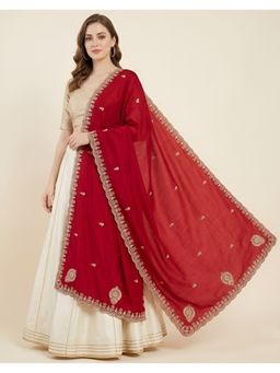MUFFLY - Maroon Embroidered with Four-Sided Floral Border and Elegant Buti Work Dupatta