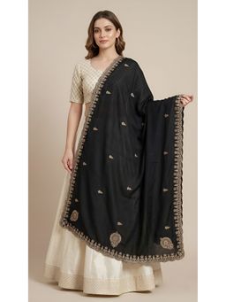 MUFFLY - Black Embroidered with Four-Sided Floral Border and Elegant Buti Work Dupatta
