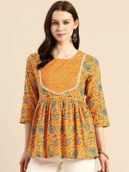 A&K - Orange Pure Cotton Paisley Print Peplum Top