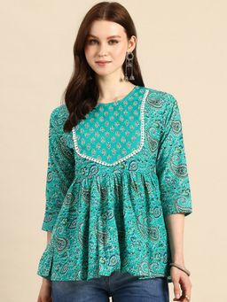 A&K - Turquoise Pure Cotton Paisley Print Peplum Top