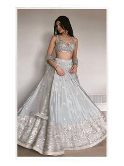 Odette - Grey Satin Embroidered Lehenga and Dupatta with Unstitched Blouse