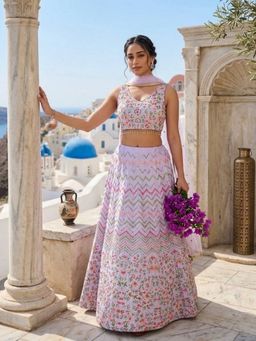 Odette - Lavender Satin Embellished Lehenga and Dupatta with Unstitched Blouse