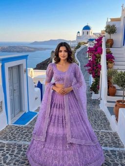 Odette - Lavender Net Printed Lehenga and Dupatta with Unstitched Blouse