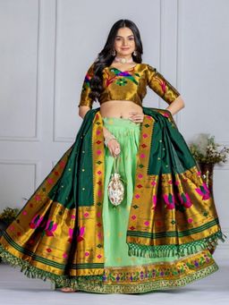 Odette - Green Silk Blend Embellished Lehenga and Dupatta with Unstitched Blouse
