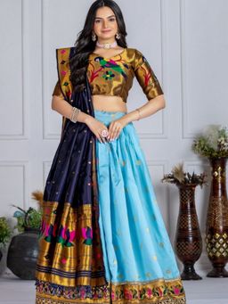 Odette - Sky Blue Silk Blend Embellished Lehenga and Dupatta with Unstitched Blouse