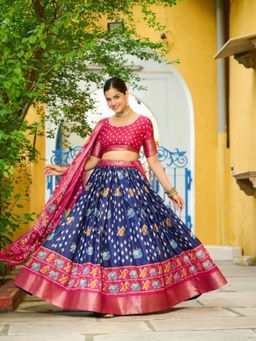 Odette - Blue Silk Blend Printed Lehenga and Dupatta with Unstitched Blouse