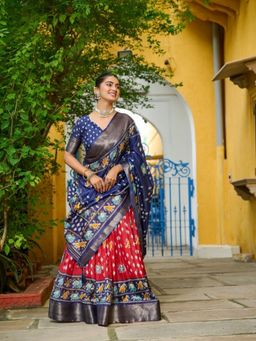 Odette - Red Silk Blend Printed Lehenga and Dupatta with Unstitched Blouse