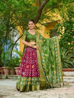Odette - Wine Silk Blend Printed Lehenga and Dupatta with Unstitched Blouse