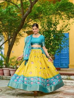 Odette - Yellow Silk Blend Printed Lehenga and Dupatta with Unstitched Blouse