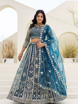 Odette - Blue Net Embellished Lehenga and Dupatta with Unstitched Blouse