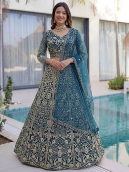 Odette - Blue Net Embellished Lehenga and Dupatta with Unstitched Blouse