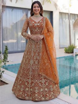 Odette - Orange Net Embellished Lehenga and Dupatta with Unstitched Blouse