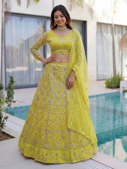 Odette - Yellow Net Embellished Lehenga and Dupatta with Unstitched Blouse